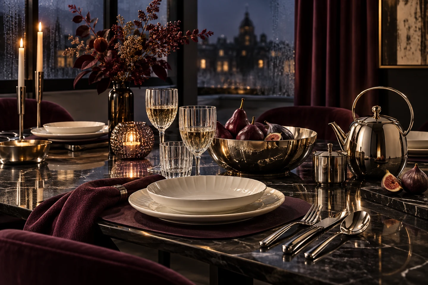 Tavola elegante autunno inverno con porcellana, vetro e metallo