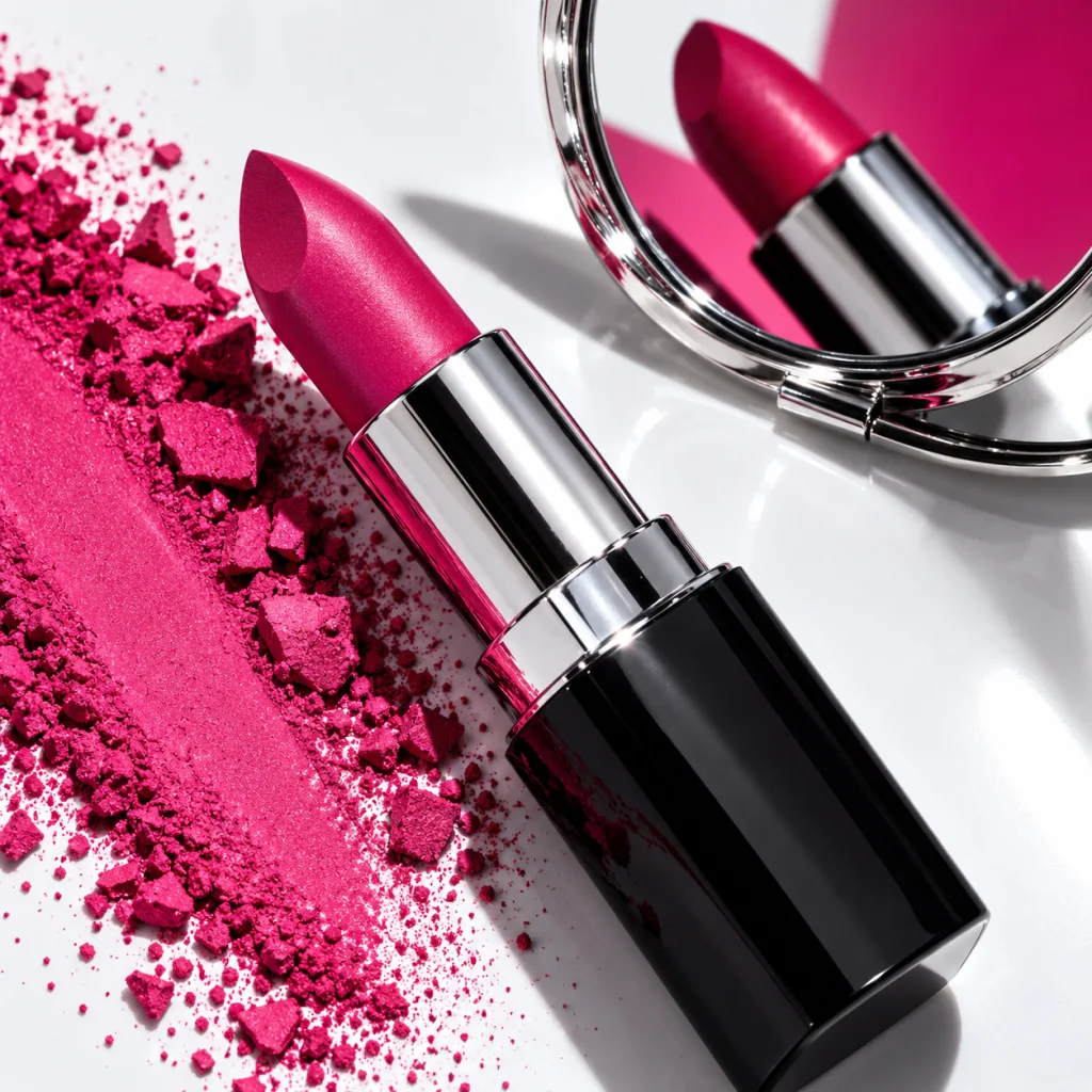 Make-up e texture glossy in una composizione beauty